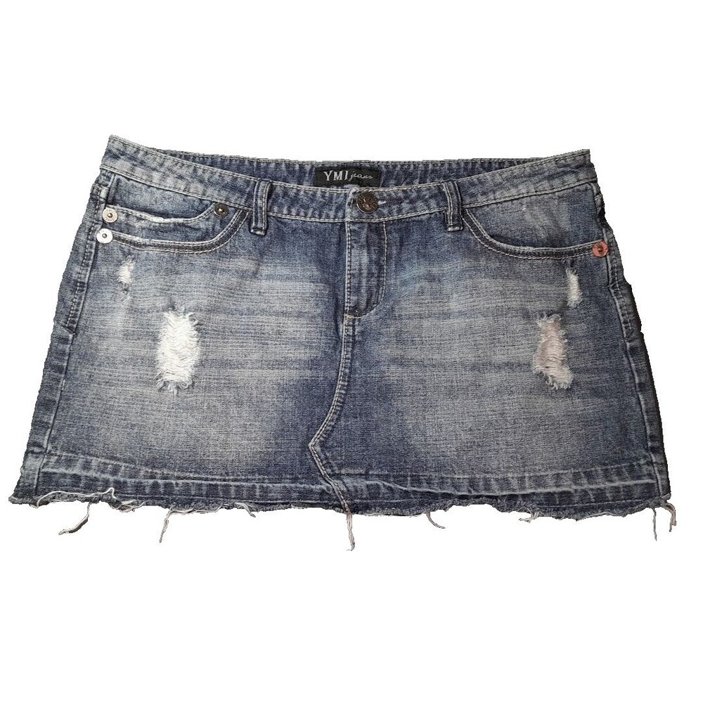 YMI Vintage Y2K Distressed Denim Mini Skirt Frayed Raw Hem Low Rise Size 11 34w